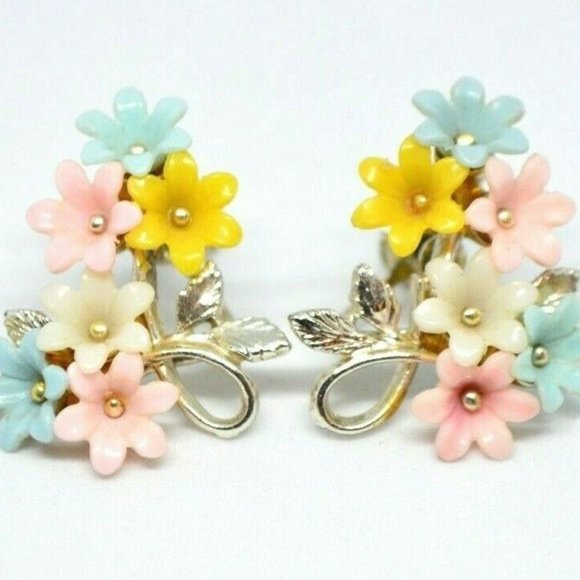 Vintage Jewelry - Pastel Multi-Color Celluloid Flower Floral Earring